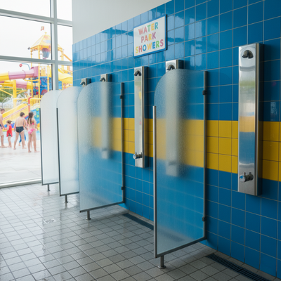Time and temperature adjustable metered shower panel for rinse-off stations at amusement and water parks