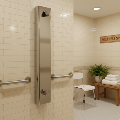 Metered push button shower panel, ADA compliant for use in assisted living spas