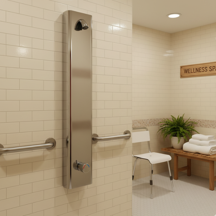 Metered push button shower panel, ADA compliant for use in assisted living spas
