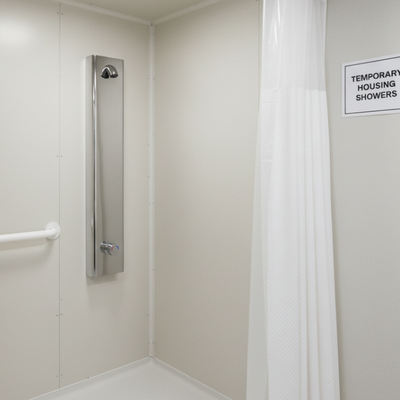 Metered shower panel for temporary housing or modular FEMA housing bathrooms