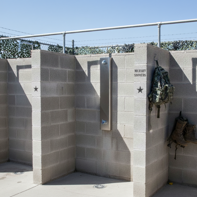 Push button shower panel for outdoor showers at military bases