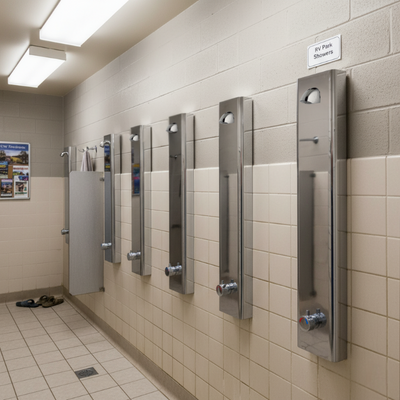 Row of shower stalls in an rv / campground restroom with tiled walls and floor.