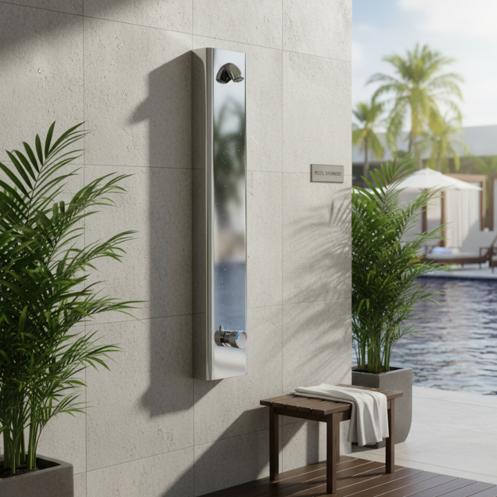 Self closing shower panel, water saving for hotel pool showers / rinse-off stations