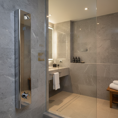 Modern push button shower panel for luxury hotel showers and saunas