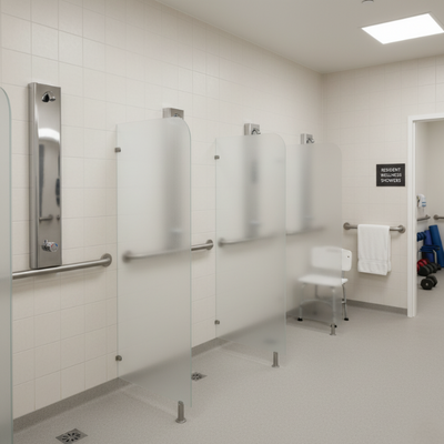 Self-closing shower panels incstalled at a nursing home gym, ADA approved