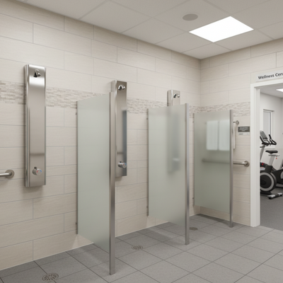 Time and temperature adjustable shower panel for nursing home gyms