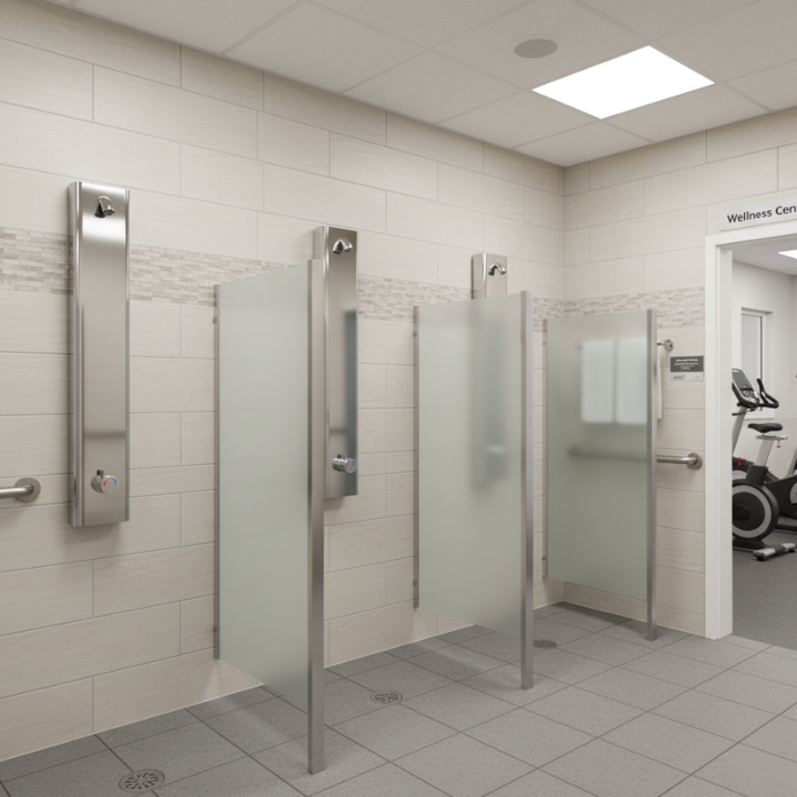 Time and temperature adjustable shower panel for nursing home gyms