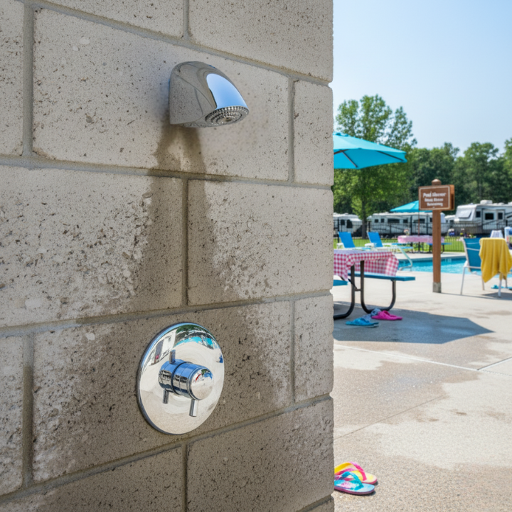 Outdoor shower head mounted on a brick wall with RVs and pool area in the background.