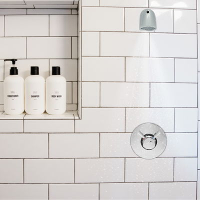 indoor time and temperature adjustable shower valve and anti-ligature shower head at a resort/ hotel main