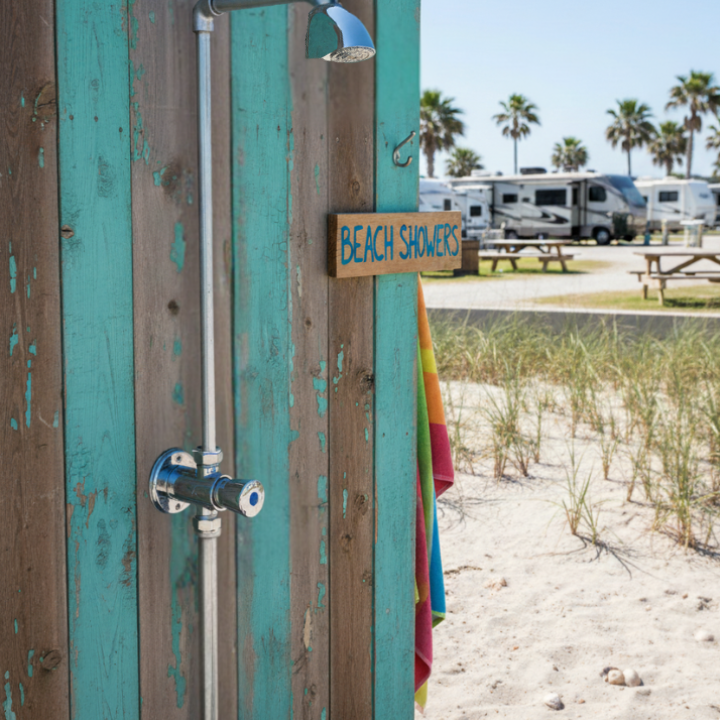 Exposed time adjustable push button shower valve installed at a beach campground for water conservation