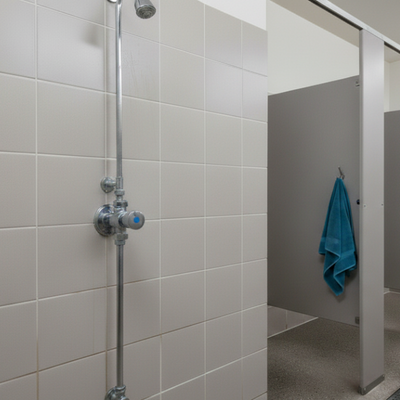 Exposed push button shower valve and head installed at a campground