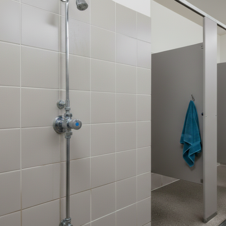 Exposed push button shower valve and head installed at a campground