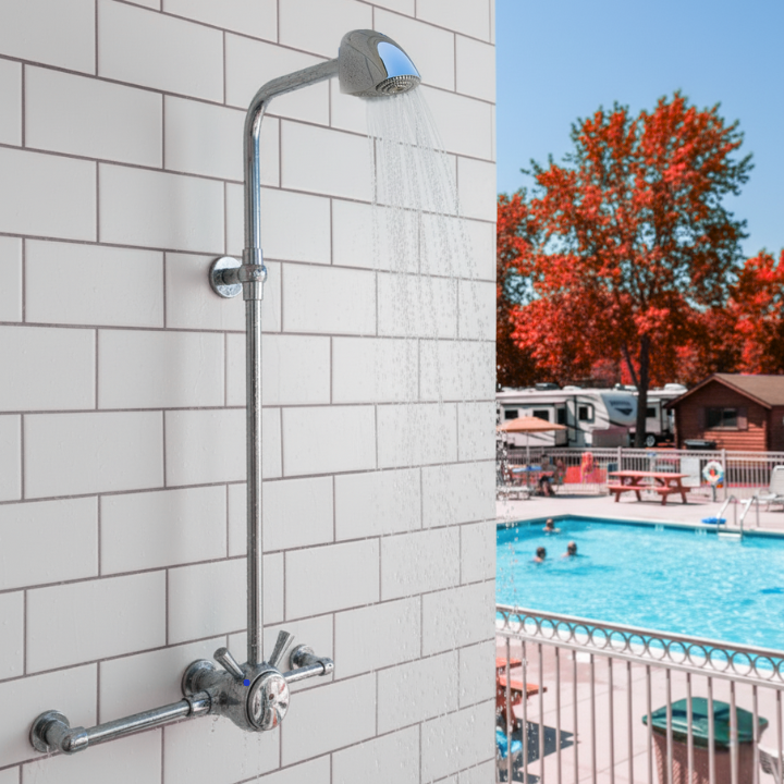 outdoor exposed shower valve with anti-ligature shower head at an rv park/ campground pool main