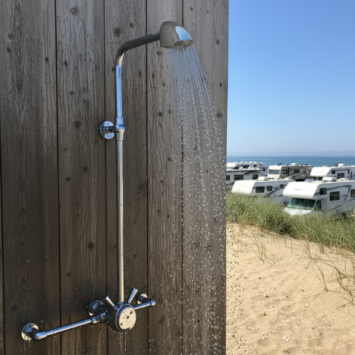 outdoor exposed shower valve with anti-ligature shower head at an rv park/ campground beach main