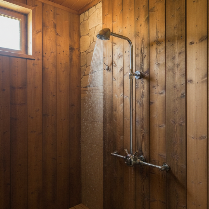indoor exposed shower valve with anti-ligature shower head at an rv park/ campground  main