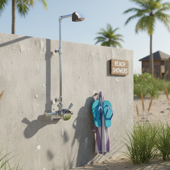 Self closing push button shower for rinse-off stations at the beach