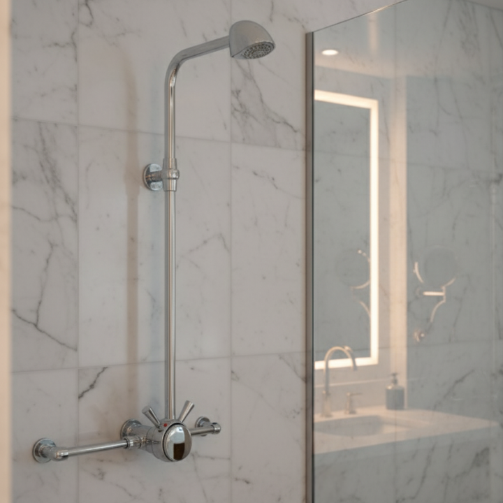 exposed indoor time and temperature adjustable shower valve with anti-ligature shower head at a resort / hotel