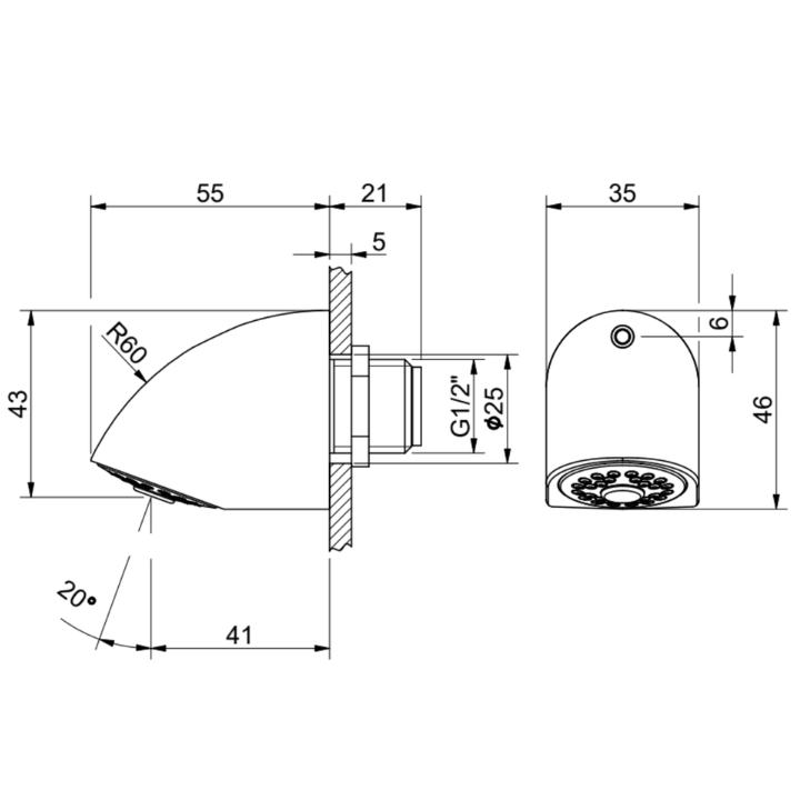 Technical drawing of updated SH-LIG-RES shower head with dimensions labeled