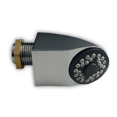 SH-LIG-RES shower head with black aerator, angled bottom view