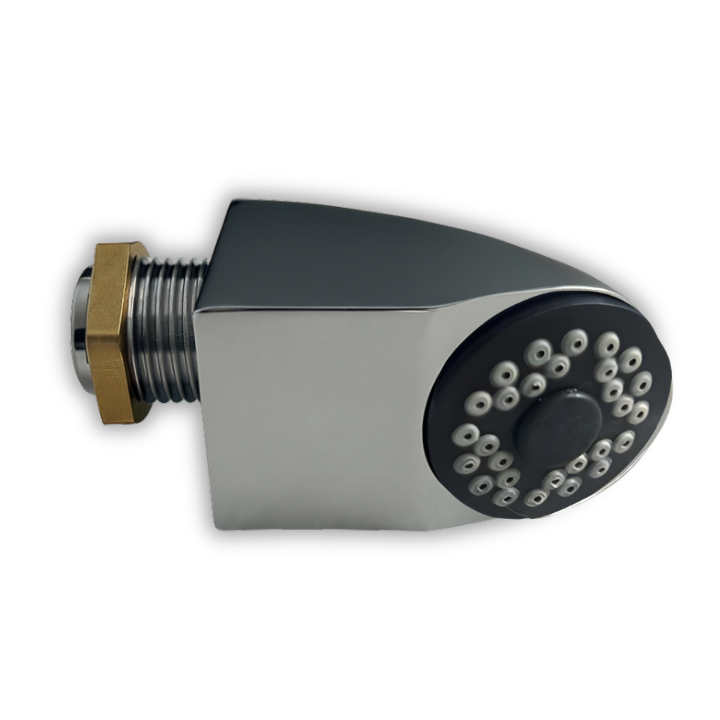 SH-LIG-RES shower head with black aerator, angled bottom view