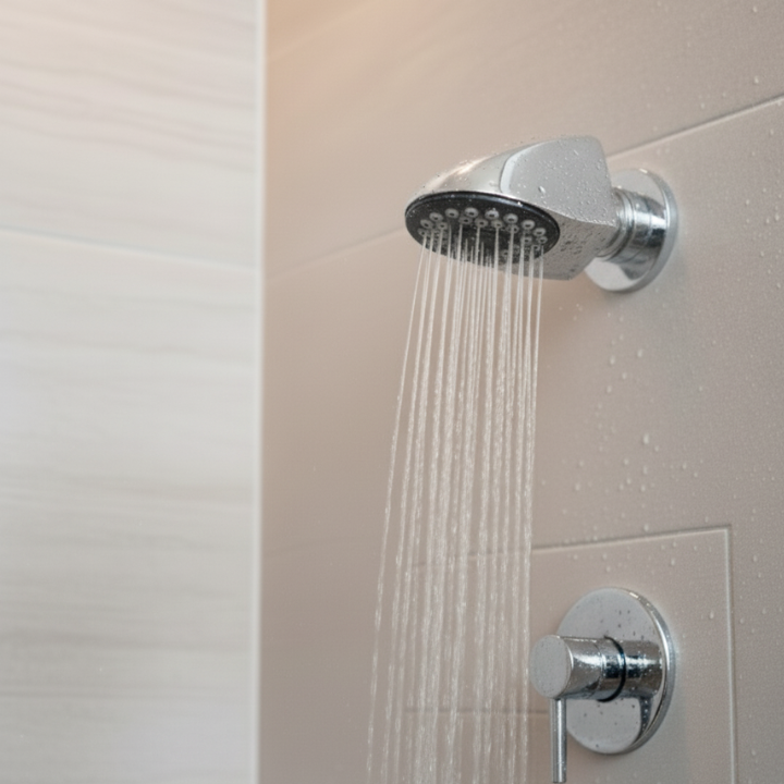 Chrome shower head with aerator and control valve on a tiled bathroom wall